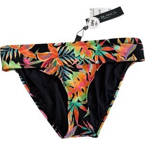 LA BLANCA Tropical Leaf Print Foldover Bikini Bottoms Black Orange Green Size 14